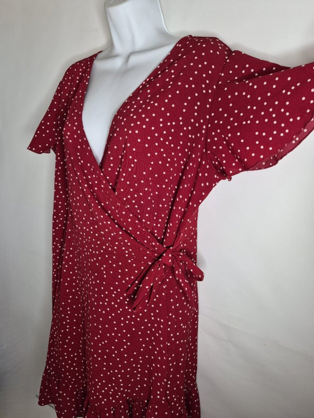 Relipop Womens XL Red White Polka Dot Ruffle Flutter Short Sleeve Wrap Dress - Picture 4 of 15